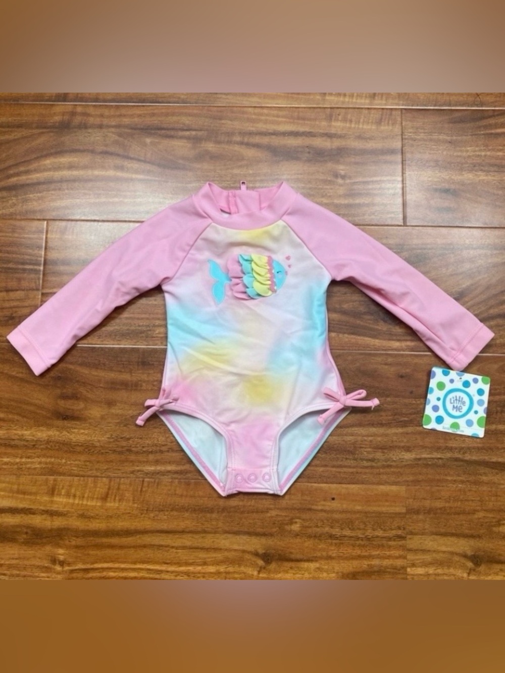 NWT New Little Me Baby Girl Pink Blue Tie Dye Fish Zip Long Sleeve Swimsuit 3-6M